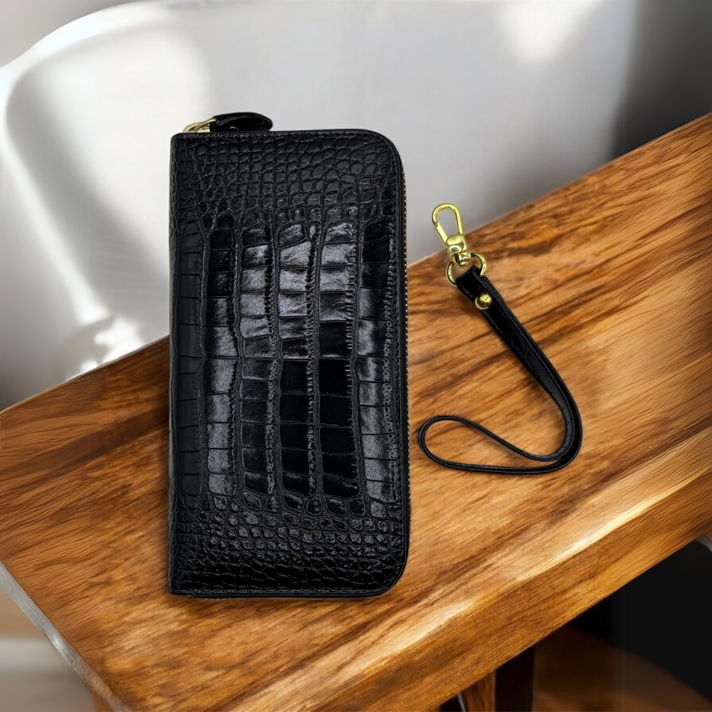 【タイ直輸入】本牛革長財布　クロコ型押しBlack