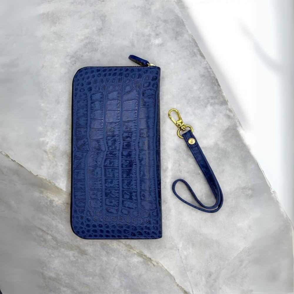 【タイ直輸入】本牛革長財布　クロコ型押しBlue