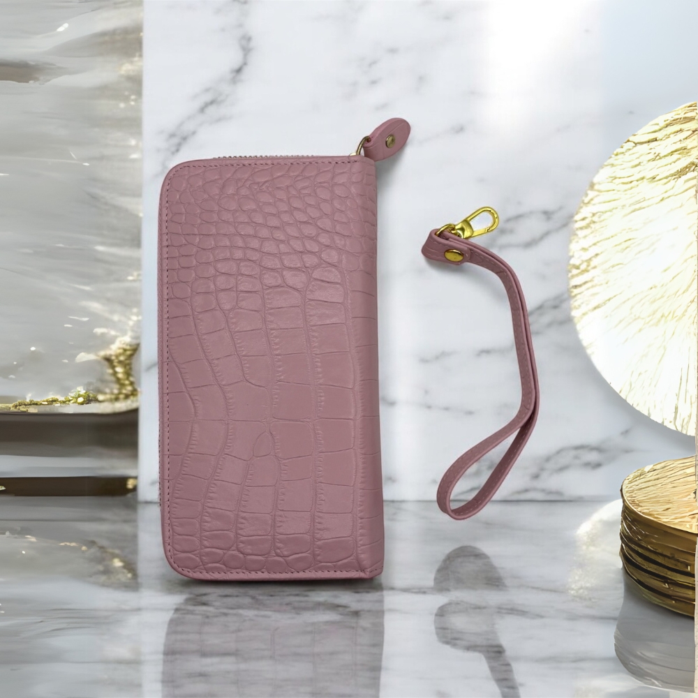 【タイ直輸入】本牛革長財布　クロコ型押しPink