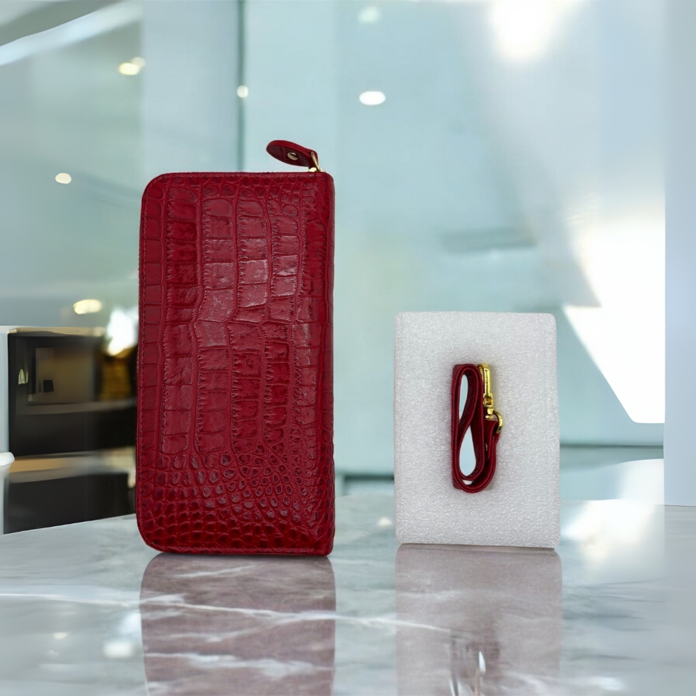 【タイ直輸入】本牛革長財布　クロコ型押しRed