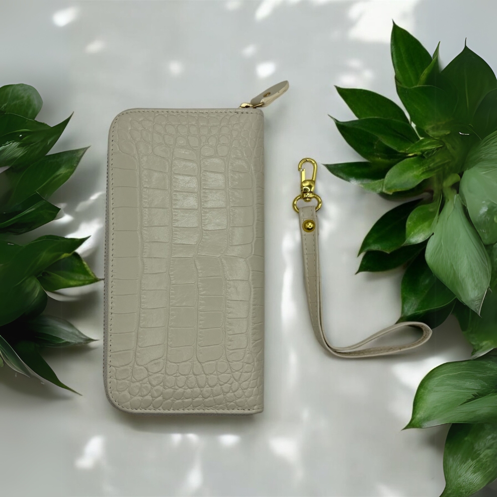 【タイ直輸入】本牛革長財布　クロコ型押しWhite