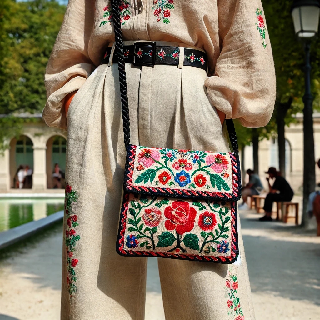 カラフルな刺繍が施されたエスニックデザインのショルダーバッグのコーディネート