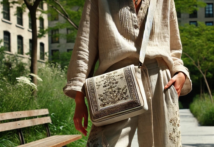 カラフルな刺繍が施されたエスニックデザインのショルダーバッグのコーディネート